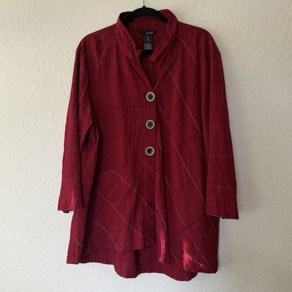Ali Miles Womens Tunic Top XL Red Lagenlook Abstract Artsy Button Up Capsule